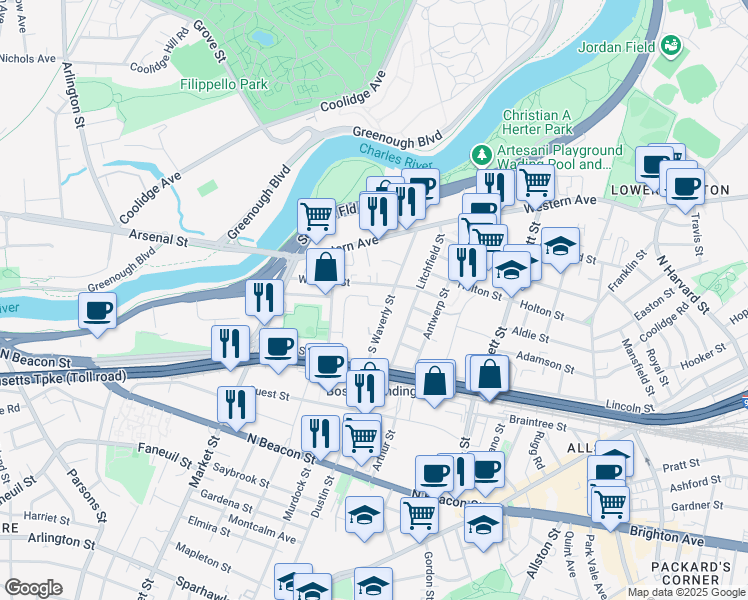 map of restaurants, bars, coffee shops, grocery stores, and more near 50 South Waverly Street in Boston