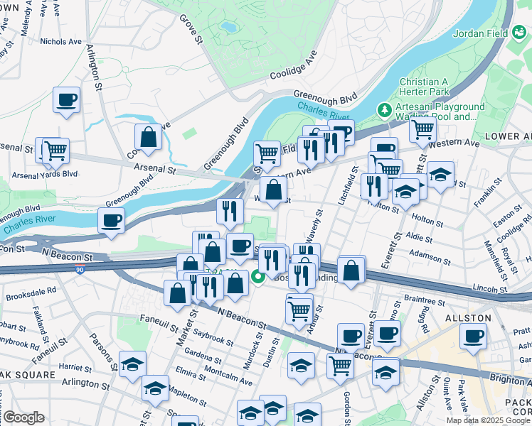 map of restaurants, bars, coffee shops, grocery stores, and more near 25-27 Lothrop Street in Boston