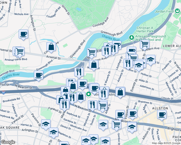 map of restaurants, bars, coffee shops, grocery stores, and more near 25-27 Lothrop Street in Boston