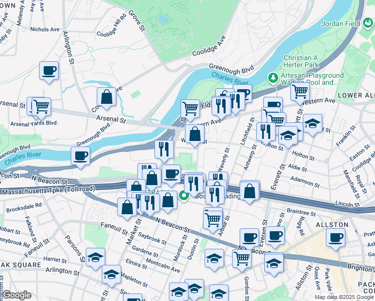 map of restaurants, bars, coffee shops, grocery stores, and more near 25-27 Lothrop Street in Boston