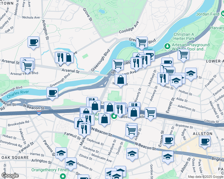 map of restaurants, bars, coffee shops, grocery stores, and more near in Boston