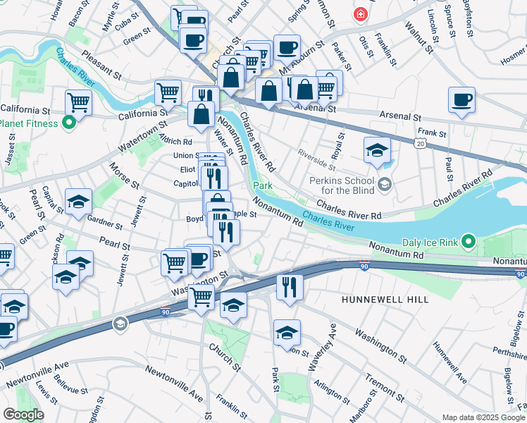 map of restaurants, bars, coffee shops, grocery stores, and more near 57 Maple Street in Watertown