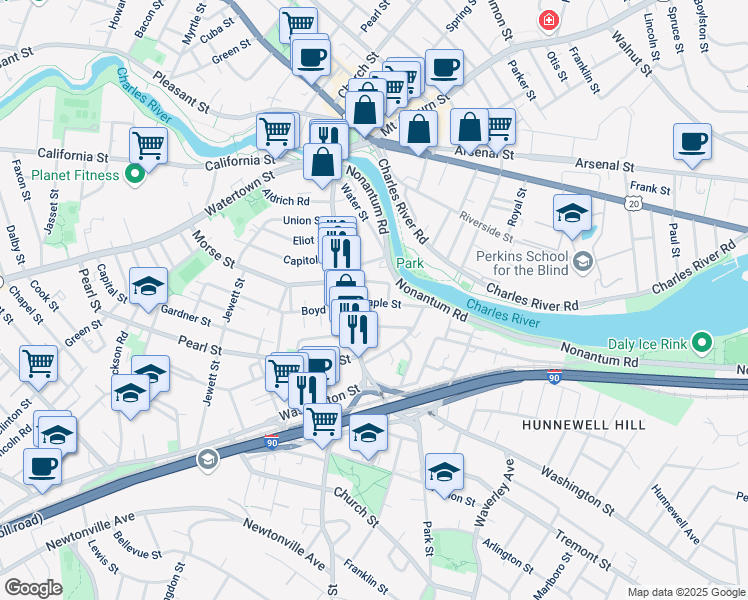 map of restaurants, bars, coffee shops, grocery stores, and more near 25 Maple Street in Watertown