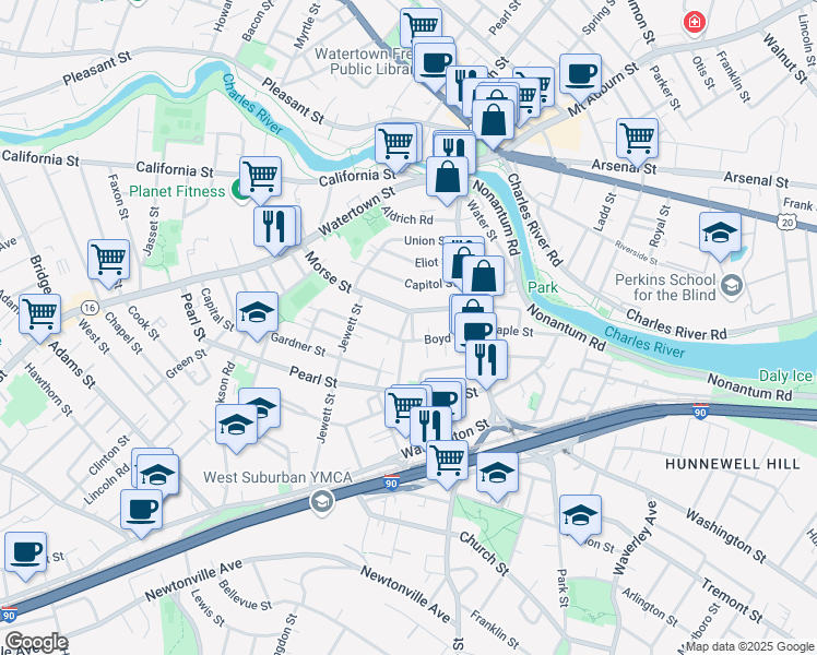 map of restaurants, bars, coffee shops, grocery stores, and more near 49 Boyd Street in Watertown