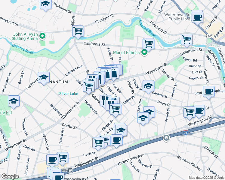 map of restaurants, bars, coffee shops, grocery stores, and more near 166 Chapel Street in Newton