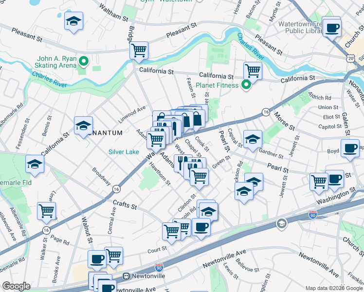 map of restaurants, bars, coffee shops, grocery stores, and more near 20 West Street in Newton