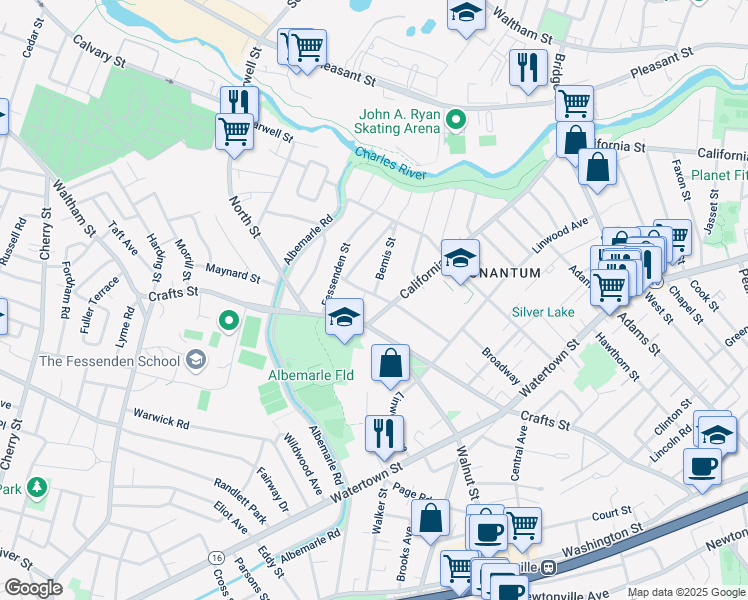 map of restaurants, bars, coffee shops, grocery stores, and more near 613 California Street in Newton
