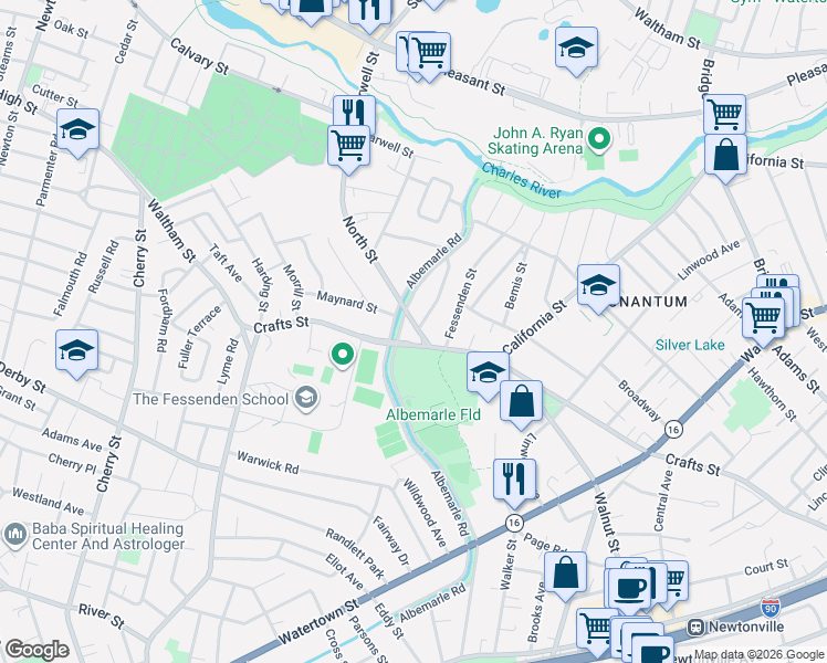 map of restaurants, bars, coffee shops, grocery stores, and more near 5 North Street in Newton