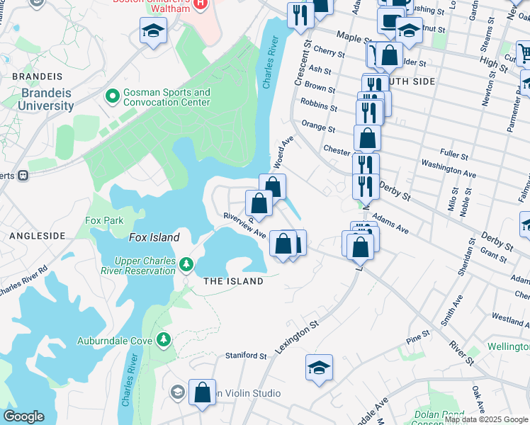 map of restaurants, bars, coffee shops, grocery stores, and more near 20 Park Street in Waltham