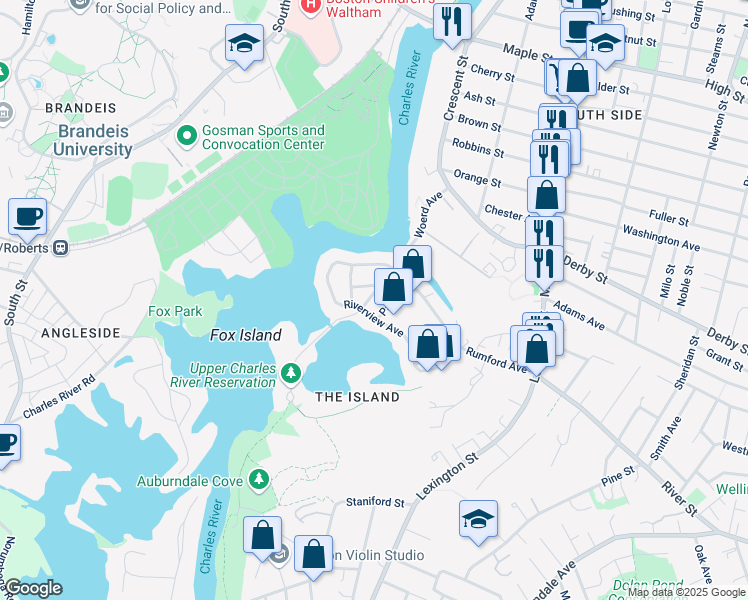map of restaurants, bars, coffee shops, grocery stores, and more near 140 Woerd Avenue in Waltham