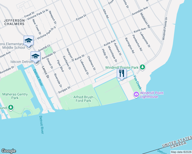 map of restaurants, bars, coffee shops, grocery stores, and more near 14337 Harbor Island Street in Detroit