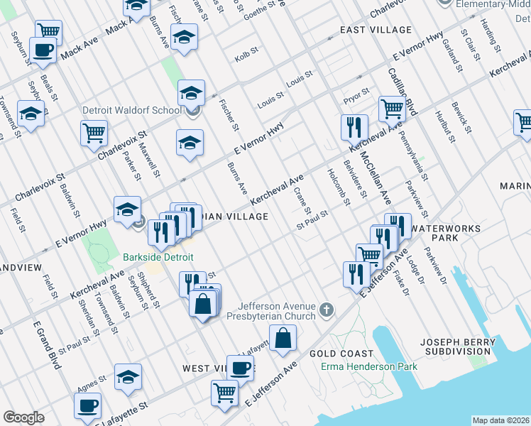 map of restaurants, bars, coffee shops, grocery stores, and more near 1774 Burns Avenue in Detroit