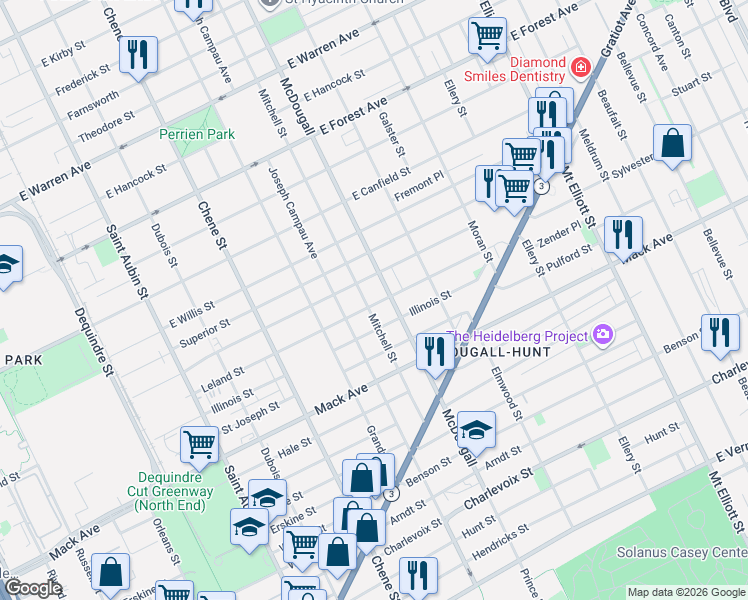 map of restaurants, bars, coffee shops, grocery stores, and more near 3919 Mitchell Street in Detroit