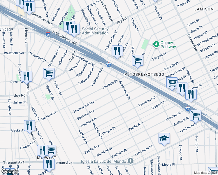 map of restaurants, bars, coffee shops, grocery stores, and more near 5205 Linsdale Street in Detroit