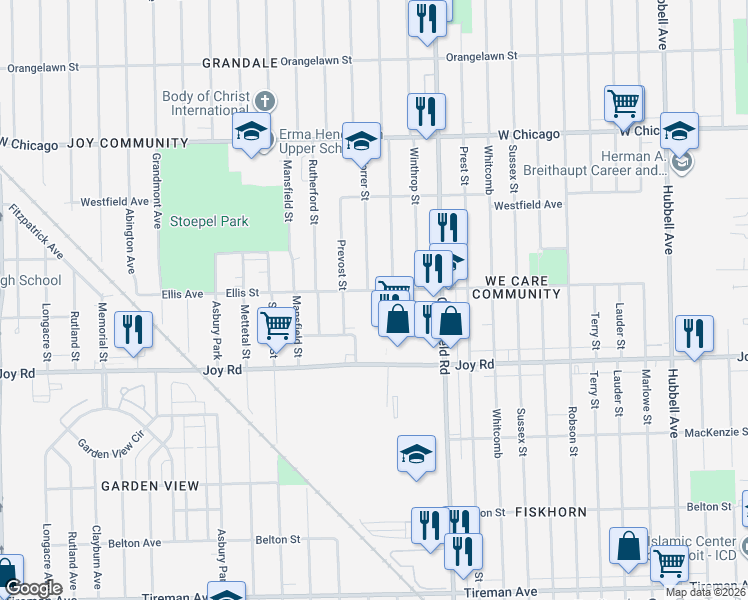 map of restaurants, bars, coffee shops, grocery stores, and more near 15811 Ellis Street in Detroit