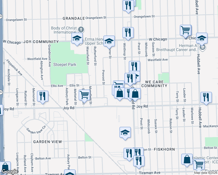 map of restaurants, bars, coffee shops, grocery stores, and more near 15811 Ellis Street in Detroit