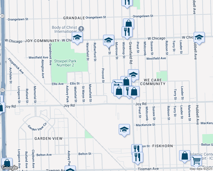 map of restaurants, bars, coffee shops, grocery stores, and more near 15811 Ellis Street in Detroit