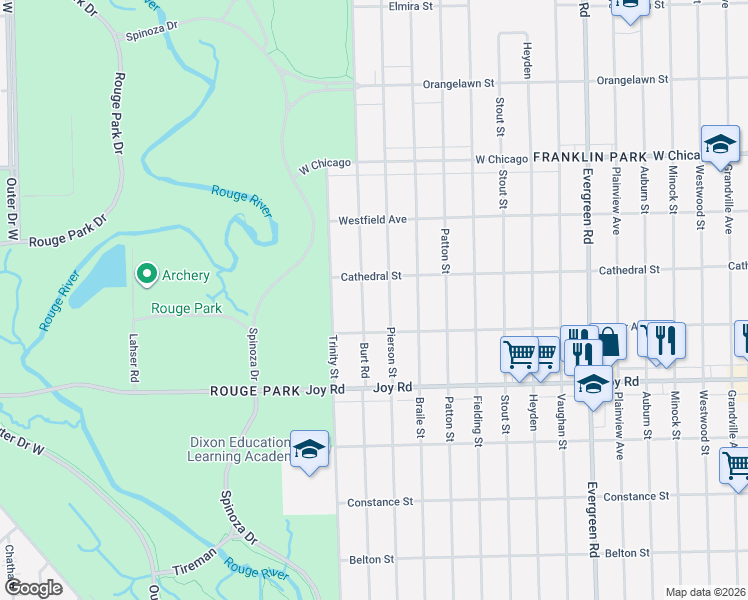 map of restaurants, bars, coffee shops, grocery stores, and more near 9052 Burt Road in Detroit