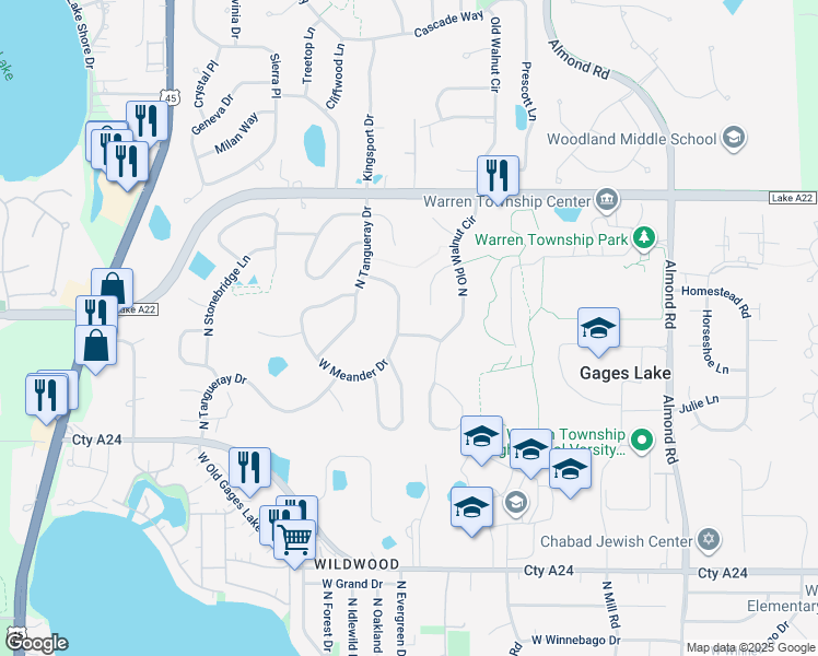 map of restaurants, bars, coffee shops, grocery stores, and more near 18227 Meander Drive in Grayslake