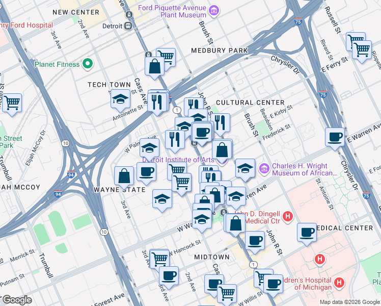 map of restaurants, bars, coffee shops, grocery stores, and more near 5425 Woodward Avenue in Detroit