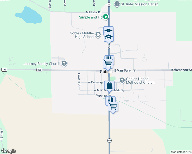 map of restaurants, bars, coffee shops, grocery stores, and more near 107 Glover Street in Gobles