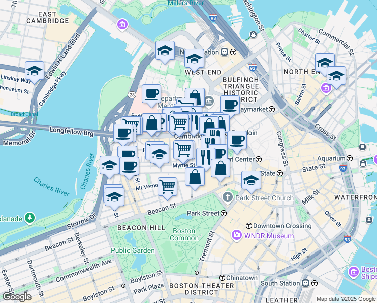 map of restaurants, bars, coffee shops, grocery stores, and more near 72 Joy Street in Boston