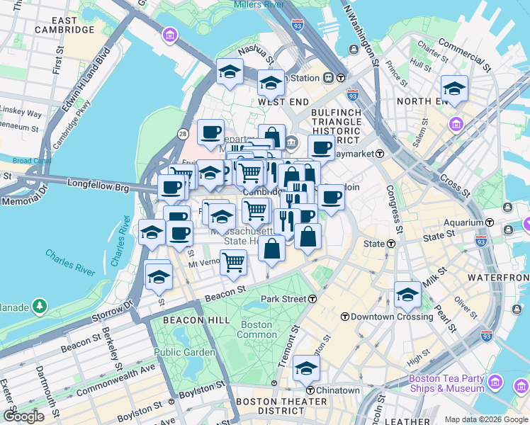 map of restaurants, bars, coffee shops, grocery stores, and more near 72 Joy Street in Boston