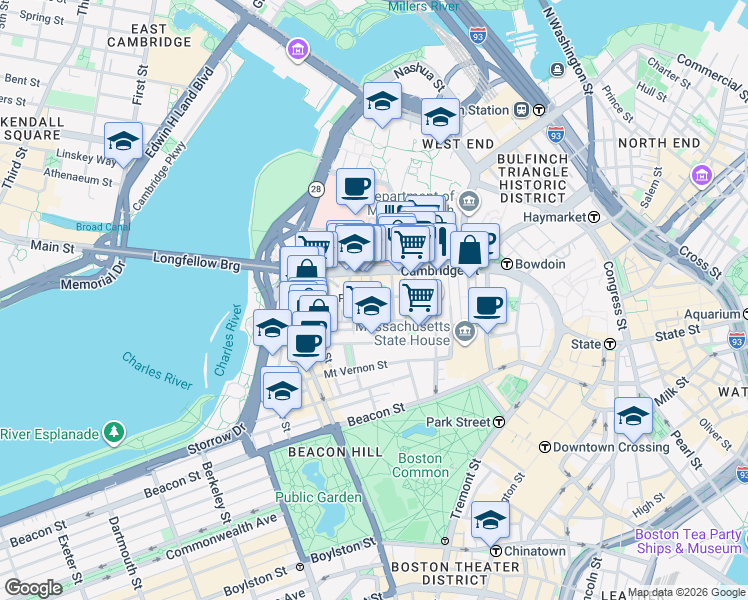 map of restaurants, bars, coffee shops, grocery stores, and more near 45 1/2 Garden Street in Boston