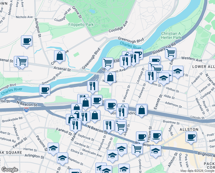 map of restaurants, bars, coffee shops, grocery stores, and more near 25-27 Lothrop Street in Boston
