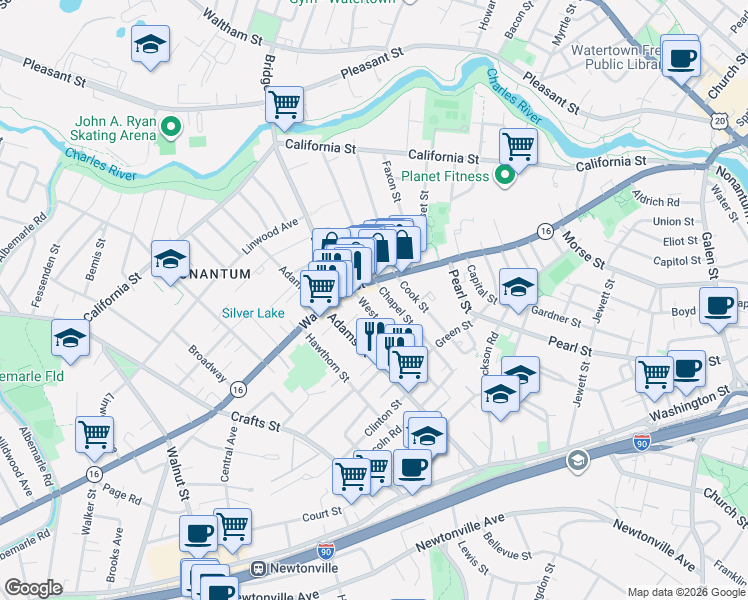 map of restaurants, bars, coffee shops, grocery stores, and more near 20 West Street in Newton
