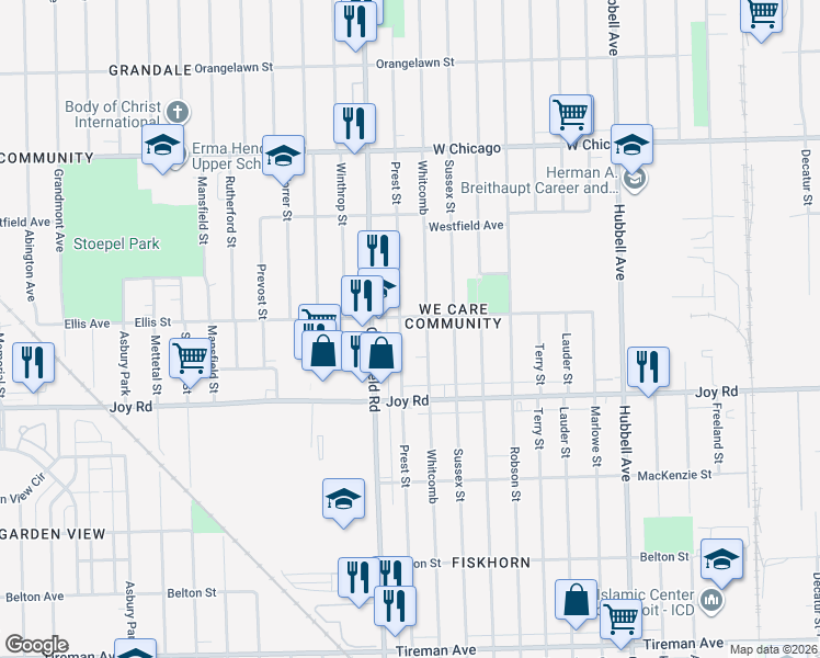 map of restaurants, bars, coffee shops, grocery stores, and more near 8918 Prest Street in Detroit