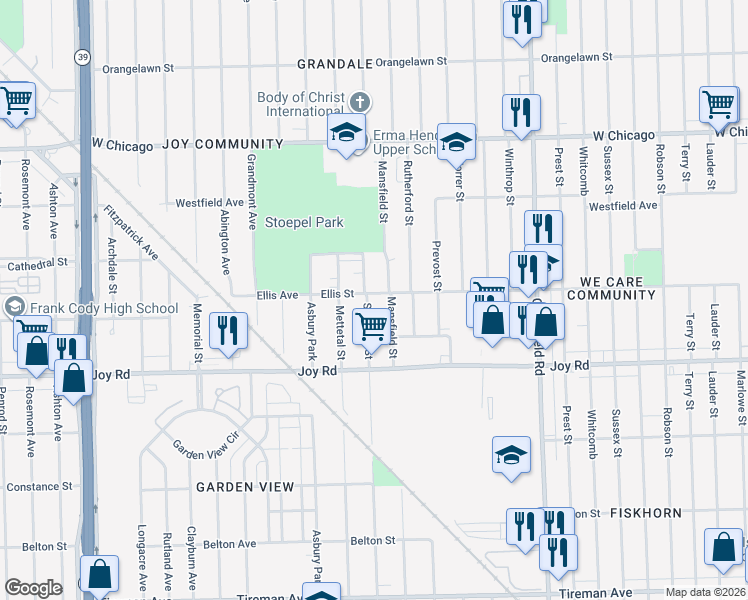 map of restaurants, bars, coffee shops, grocery stores, and more near 8937 Mansfield Street in Detroit