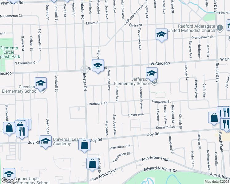 map of restaurants, bars, coffee shops, grocery stores, and more near 9164 Sioux in Redford Charter Township