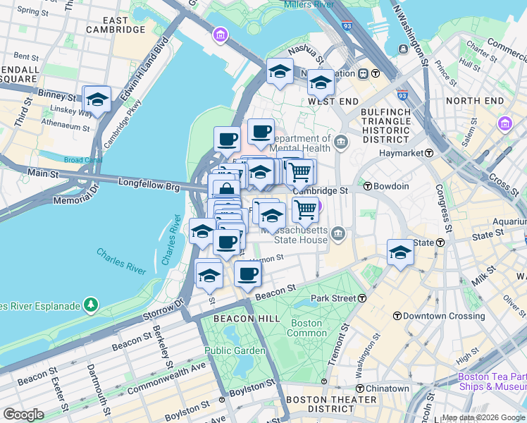 map of restaurants, bars, coffee shops, grocery stores, and more near 50 Phillips Street in Boston