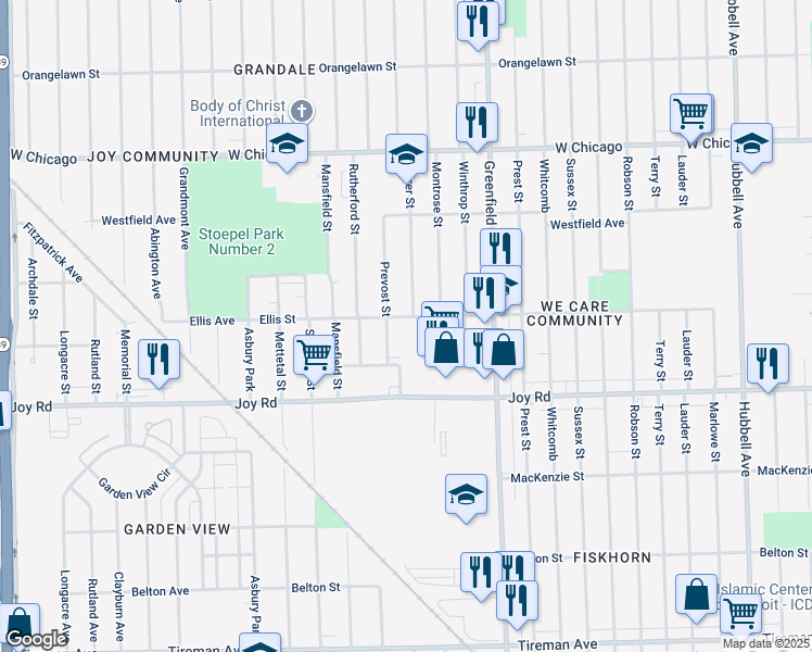 map of restaurants, bars, coffee shops, grocery stores, and more near 15811 Ellis Street in Detroit
