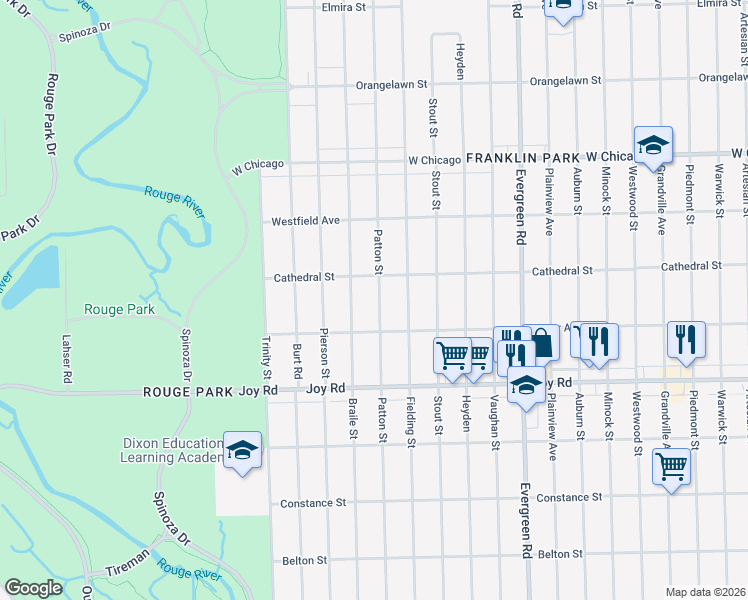 map of restaurants, bars, coffee shops, grocery stores, and more near 9051 Patton Street in Detroit