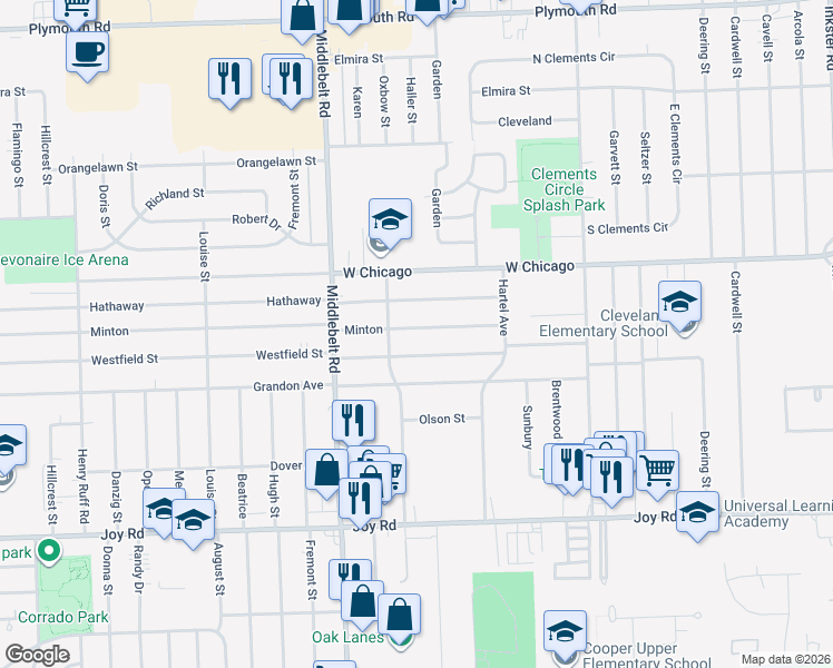 map of restaurants, bars, coffee shops, grocery stores, and more near 28995 Minton in Livonia
