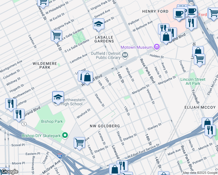 map of restaurants, bars, coffee shops, grocery stores, and more near 2317 Ferry Park Street in Detroit