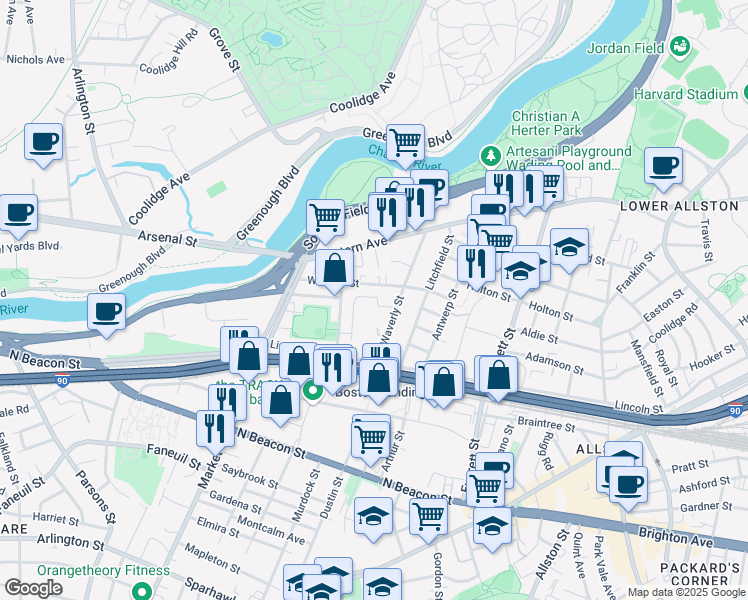 map of restaurants, bars, coffee shops, grocery stores, and more near 40 School Street in Boston