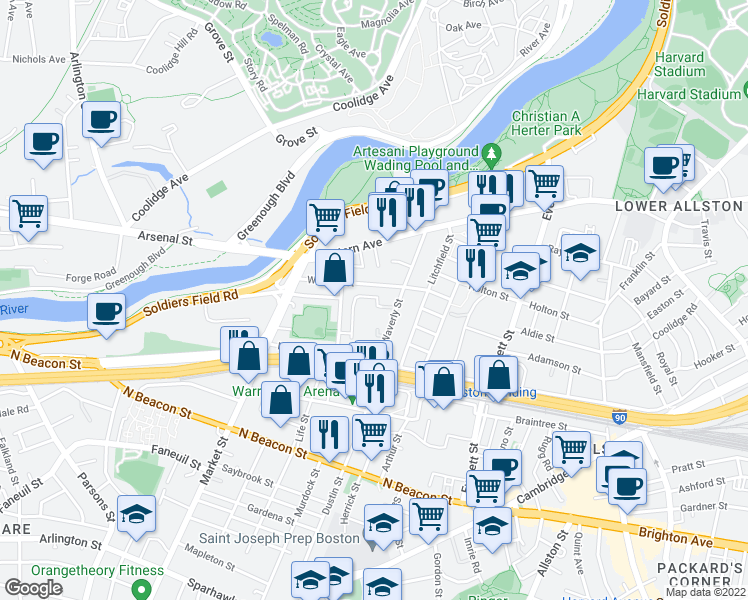 map of restaurants, bars, coffee shops, grocery stores, and more near 40 School Street in Boston