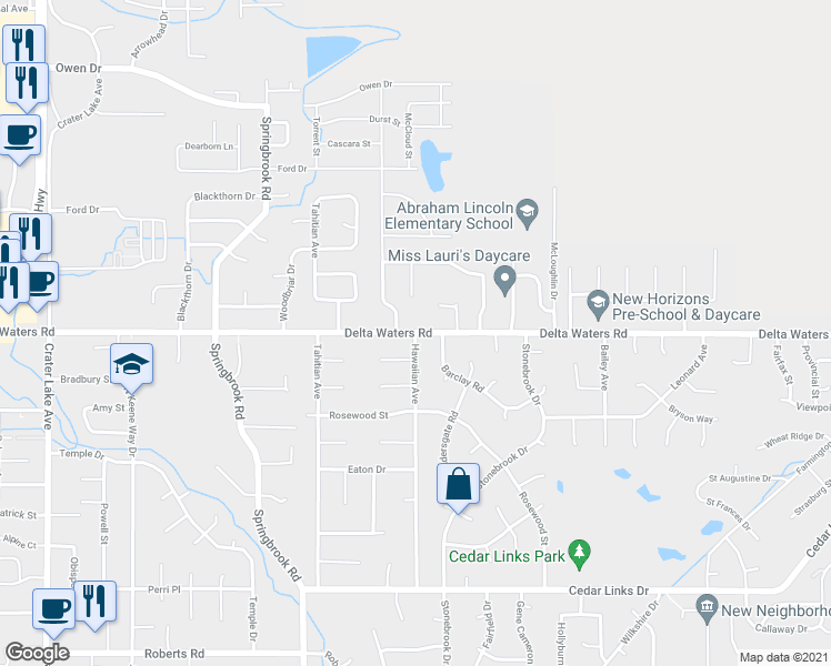 map of restaurants, bars, coffee shops, grocery stores, and more near Delta Waters Rd & Hawaiian Ave in Medford
