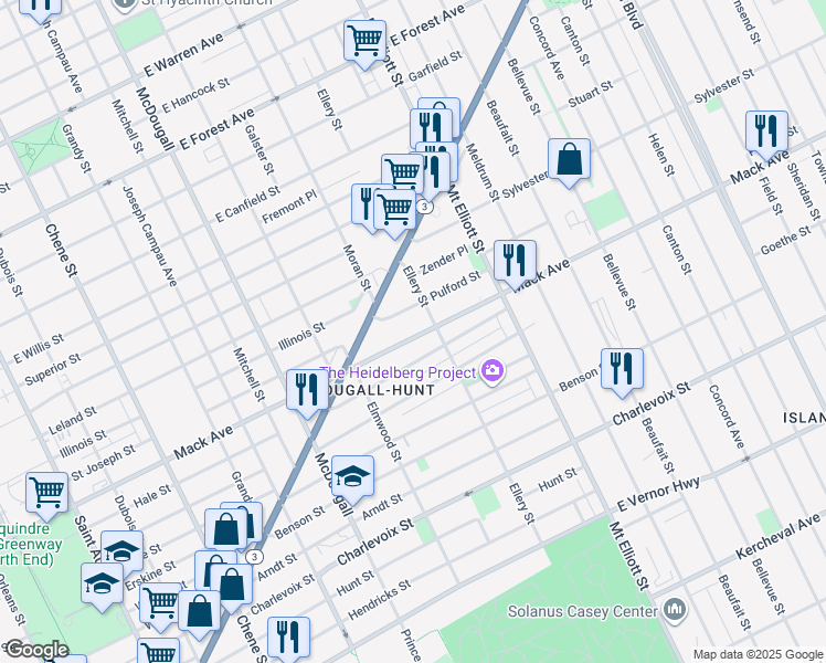 map of restaurants, bars, coffee shops, grocery stores, and more near 3487 Mack Avenue in Detroit