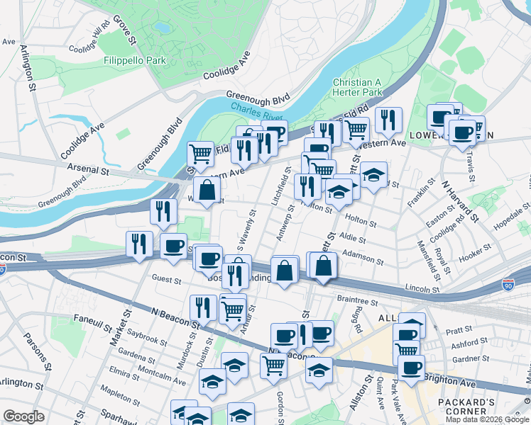 map of restaurants, bars, coffee shops, grocery stores, and more near 53-55 Litchfield Street in Boston