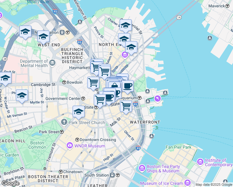 map of restaurants, bars, coffee shops, grocery stores, and more near 206 South Market Street in Boston