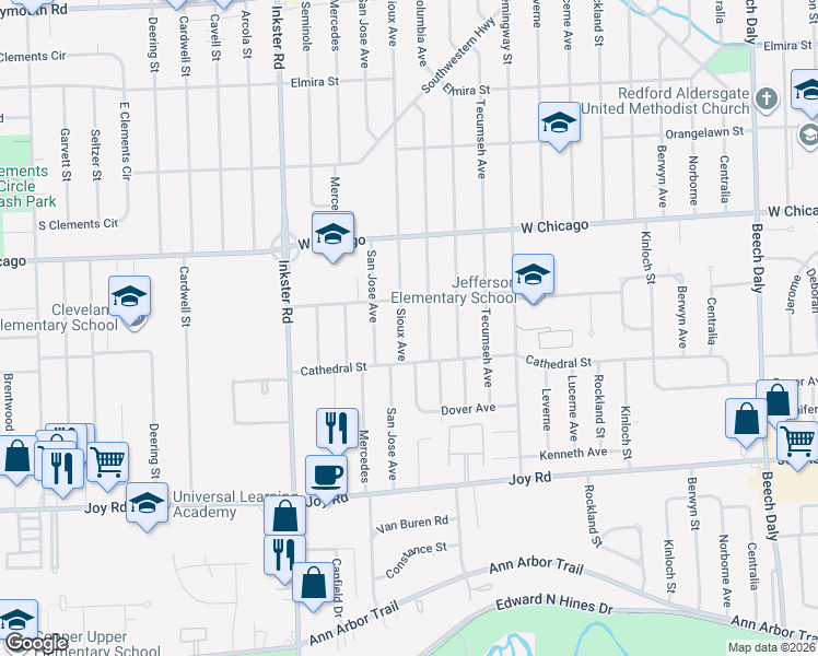 map of restaurants, bars, coffee shops, grocery stores, and more near 9164 Sioux in Redford Charter Township