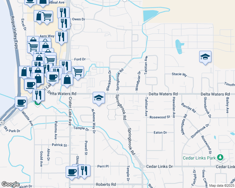 map of restaurants, bars, coffee shops, grocery stores, and more near Delta Waters Rd & Springbrook Rd in Medford
