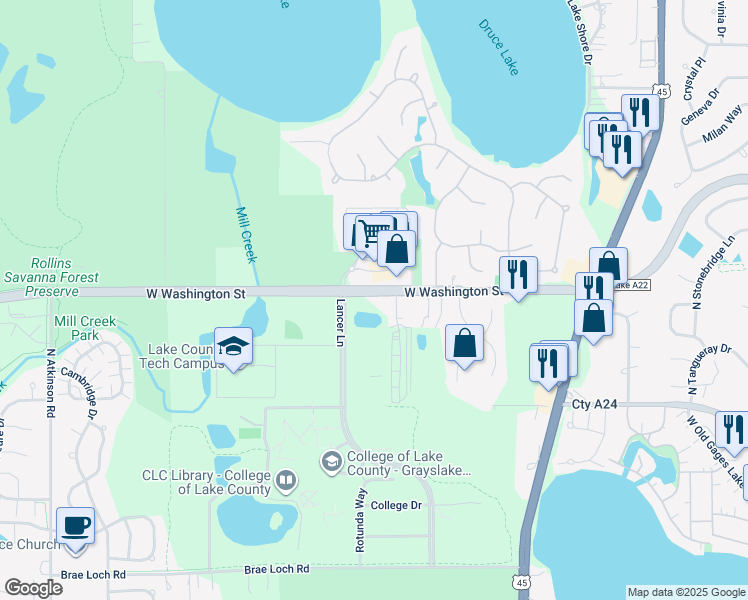 map of restaurants, bars, coffee shops, grocery stores, and more near 19251 West Washington Street in Grayslake