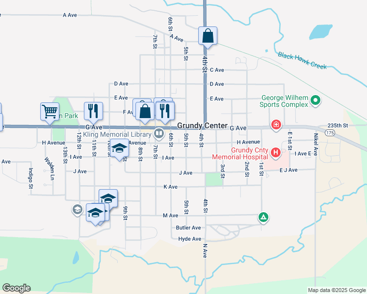 map of restaurants, bars, coffee shops, grocery stores, and more near 503 I Avenue in Grundy Center