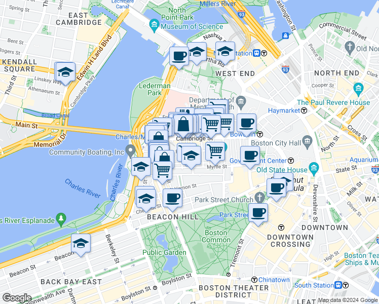 map of restaurants, bars, coffee shops, grocery stores, and more near in Boston