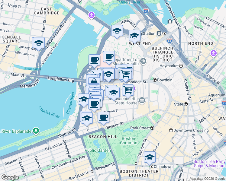 map of restaurants, bars, coffee shops, grocery stores, and more near in Boston
